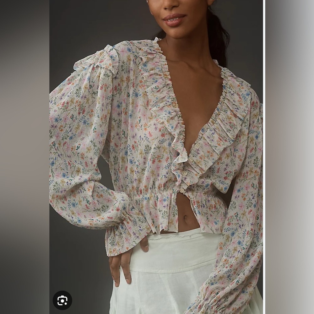 Anthropologie long sleeve mesh floral print top